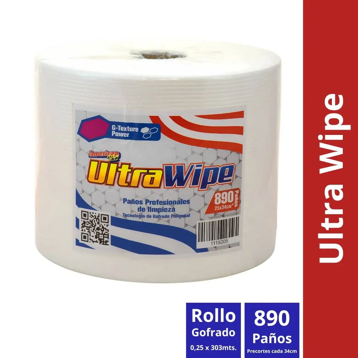 Presentación de venta: Rollo gofrado de 890 paños Rollo de 0.25 x 303m* Precortes cada 34cm.